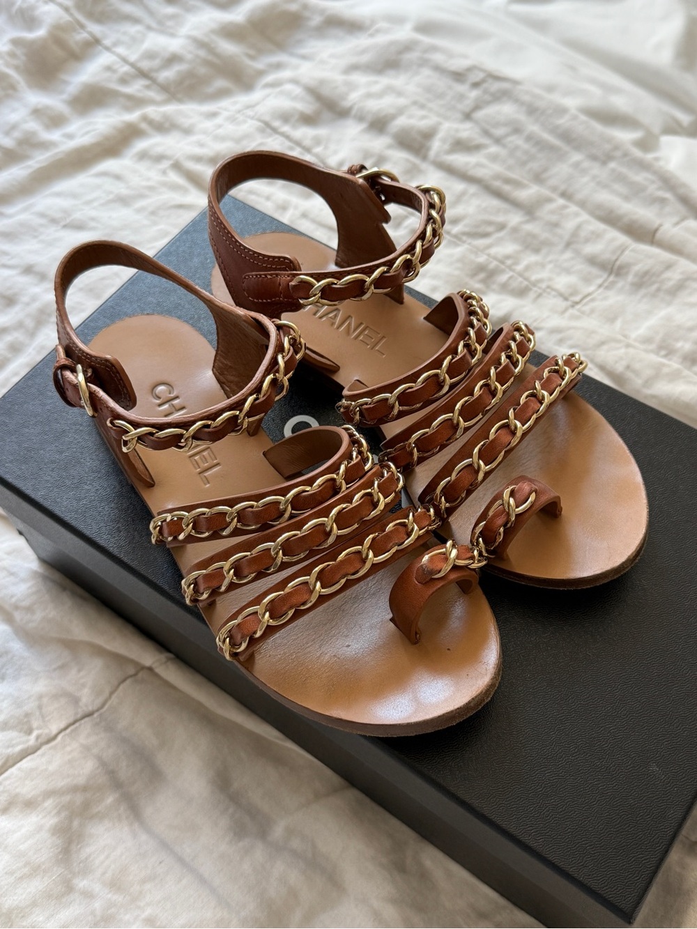 CHANEL Beige Calfskin Chain-Strap Sandals with Gold